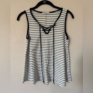 Acemi Black & White Striped Ribbed Tank Top Women’s Small | Lace-Up Detail